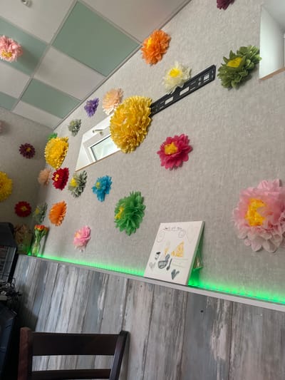 This media file depicts a ceiling adorned with numerous colorful paper flowers, primarily in shades of pink, yellow, orange, green, and blue. Some flowers are large and elaborate, while others are smaller and more delicate. The ceiling itself appears to be a light gray textured material, possibly a drop ceiling or a textured plaster. There is a skylight visible, suggesting the setting is indoors. A decorative white canvas with simple drawings and some handwritten text is also attached to the ceiling.

Adjacent to the ceiling is a section of wall paneling with a rustic, weathered wood appearance, painted in muted tones of gray and white. A strip of vibrant green LED lighting runs along the edge where the ceiling meets this wood paneling, casting a bright glow. Further down, a dark wooden railing is visible, hinting at a staircase or a balcony structure.

The overall impression is of a whimsical and decorated interior space. The paper flowers suggest a festive or decorative occasion, possibly a party, a child's room, or a creative art installation. The presence of the skylight and the indoor setting imply daylight, although the artificial green lighting adds a modern, decorative element. There are no people visible in the frame. The handwritten text on the canvas is partially obscured and difficult to decipher. Given the location context provided, this scene is located in Falkensee, Germany.