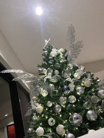 A Christmas tree laden with silver and white ornaments and white string lights dominates the upper right frame. The tree features decorative silver foliage. A stark white ceiling occupies the left side of the image, illuminated by a bright light. Below the tree, a partial view of a dark-framed window or doorway is visible, contributing to the indoor setting.