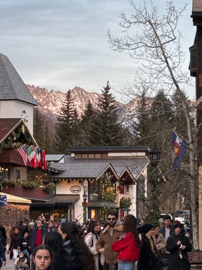 A bustling street scene features closely-packed people. Buildings decorated with festive lights and international flags line the street. In the background, a majestic mountain range with snow-dusted peaks rises above the trees. A bare-branched tree and a flag can also be seen near the buildings.