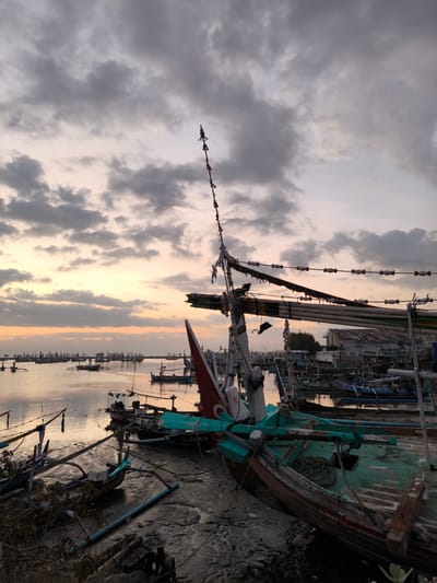 This image depicts a fishing harbor or coastal area in Negara, Indonesia, at either sunrise or sunset, indicated by the warm, pale orange and pink hues near the horizon beneath a cloudy, grey sky. The scene is dominated by numerous traditional wooden boats, many equipped with outriggers, either moored in the calm, reflective water or beached on the muddy shore.
In the immediate foreground, a large, weathered wooden boat, painted partially green and red, rests on dark, wet mud on the right side of the frame. The name "ASHOKA" is faintly discernible on its hull. Ropes are coiled on its deck, and its stern, partially visible, is red. Extending upwards from this area is a tall mast-like structure adorned with a string of small, red, conical lights, likely used for fishing. To the left foreground, the muddy terrain is littered with debris, including branches and smaller, possibly derelict, boat components or outriggers.
In the mid-ground, a dense collection of similar wooden fishing boats is tightly packed, either floating or partially beached. Their reflections are visible in the water, which mirrors the soft light of the sky. In the background, across the water, many more boats are spread out, creating a busy impression of a fishing fleet. Distant, somewhat dilapidated buildings of a settlement or port are visible behind the moored boats on the right. No human figures are explicitly visible in the scene.