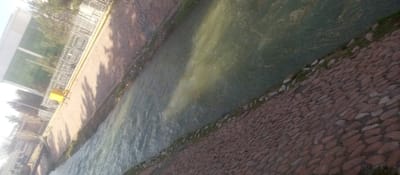 The image displays a canal or river within the city of Fergana, Uzbekistan, captured from an elevated perspective looking diagonally downwards. The waterway features greenish-brown, moving water exhibiting currents and reflections of sunlight. It flows between two distinctly constructed banks.
The left bank (from the viewer's upright perspective) consists of a fortified embankment, topped by a metal fence, possibly chain-link, with visible square patterns. Behind this fence, a light-colored building is partially visible, and numerous deciduous trees, mostly bare, line the background. A bright yellow, rectangular object, possibly a utility box or small kiosk, is positioned on this bank near the fence. Shadows of trees or structures are cast across the bank, indicating sunlight from the upper right.
The right bank, situated closer to the foreground, is paved with reddish-brown, irregularly shaped cobblestones or large flat stones. Sparse green vegetation, consistent with grass or weeds, grows between these stones, especially at the water's edge. Smaller, greyish rocks and stones are also visible along the immediate interface where the bank meets the water. No individuals, animals, or specific activities are present in the scene.