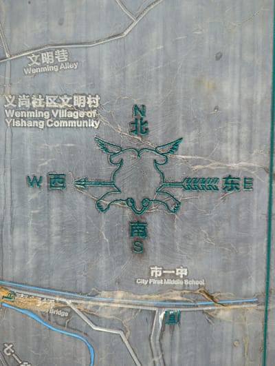 This is a close-up, top-down view of a detailed map etched into a gray, textured surface, possibly a plaque or a relief carving. The map depicts a section of Gucheng District, China. Prominently featured is a compass rose with Chinese characters and English translations indicating directions: "N" (北), "W" (西), "E" (东), and "S" (南). The compass rose is stylized with an avian or mythical creature design in turquoise.
Several locations are labeled in both Chinese and English. At the top left, "Wenming Alley" (文明巷) is clearly visible. Below it, "Wenming Village of Yishang Community" (义尚社区文明村) is also inscribed. In the bottom right, "City First Middle School" (市一中) is labeled. A bridge is also indicated on the lower left, identified as "Bridge" (桥), though the preceding characters are partially obscured. The map shows roads and water features, including what appears to be a river or canal system depicted in blue. The surface of the map has a weathered, slightly uneven texture with visible scratch marks and some staining. The lighting is even, highlighting the engraved details.