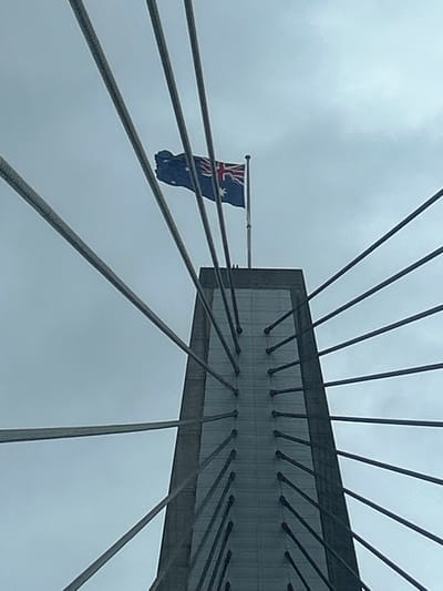 A low-angle view captures the main pylon of the Anzac Bridge in Pyrmont, Sydney, Australia, against an overcast sky. A blue Australian flag, unfurled with discernible stars and the Union Jack, flies from a flagpole at the pylon's apex. Numerous steel cables, grey in color, extend diagonally downward and outward from both sides of the concrete pylon, creating a V-shaped composition that converges towards the structure. The pylon itself is a tall, rectilinear grey column with a textured or panelled surface on its visible face. No individuals or other discernible subjects are present in the scene.