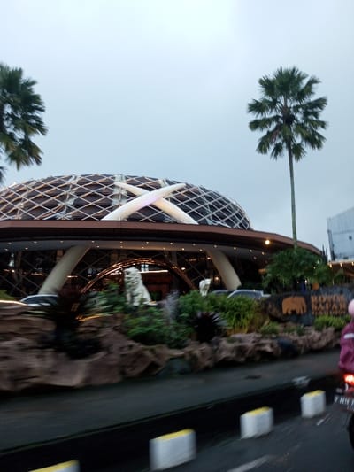 The image depicts a scene in the city of Dawathang_Dorjibi_ Kashingtsawa, Bhutan. A large, multi-story building with a distinctive domed roof dominates the midground. The dome features a dark, grid-patterned surface with lighter structural elements and two prominent, luminous white "X" shapes atop it, emitting a soft, cool light. The building's lower section showcases an open design with large, curved, cream-colored support pillars and a dark, intricate lattice-work facade, illuminated from within.

In front of the building, a landscaped area contains dark, textured rock formations and various green plants, including shrubs and ferns. Within this landscaping, at least two large, white, stylized animal sculptures, resembling lions or mythical beasts, are visible. On the right side of the landscaped area, a dark sign with a brown elephant silhouette and white text reading "TAMAN SAFARI" is partially visible.

The immediate foreground consists of a dark, wet-looking paved surface, likely a road, exhibiting motion blur. White and yellow concrete road barriers line the edge of this surface. On the far right, a blurred figure wearing a pink helmet and a reddish-purple jacket is partially visible, appearing to be on a motorcycle or scooter. The sky is uniformly overcast and light grey. Two tall palm trees with green fronds frame the scene, one on the far left and another to the right of the building.