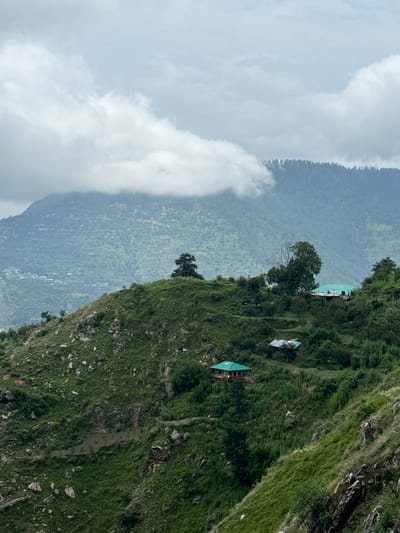 The image depicts a mountainous landscape in the city of Cheelaage, India, under a cloudy sky. In the foreground, a steep, grassy slope is dotted with rocks and some greenery. Further up the slope, a small cluster of houses is visible, featuring red and green roofs. In the mid-ground, a large tree stands prominently on a hill, with more vegetation and a couple of buildings nestled amongst the trees. In the background, layered mountains rise, partially obscured by mist and clouds. The overall scene is one of a rural, mountainous settlement.