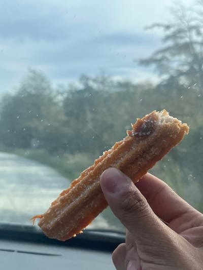 A human hand grips a partially consumed, sugar-coated churro, revealing its ridged, golden-brown exterior and a dark, soft filling at the bitten end. The blurry background, seen through a translucent pane with scattered particulates, depicts green foliage beneath a pale blue-grey sky, consistent with an outdoor environment viewed from a vehicle. The scene is situated in Tolhuin, Argentina.