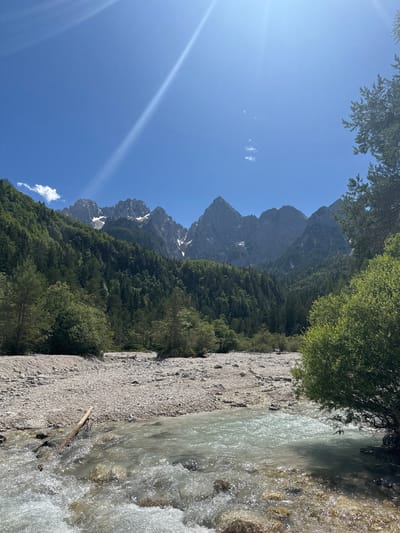 The image depicts a natural landscape with a river in the foreground and mountains in the background. The river flows over a bed of rocks, and its water is clear and slightly turbulent. The riverbank is covered in pebbles and stones. Trees, predominantly evergreen, cover the slopes of the mountains, which are rugged and have some patches of snow. The sky is clear blue with a few scattered white clouds and sun flares. The scene appears to be a sunny day in a mountainous region, likely Gozd Martuljek, Slovenia, given the context. There are no people or specific man-made structures visible in the image. The environment is pristine and wild.