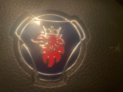 The image shows a close-up of a Scania logo, a red griffin with a crown on a blue background, set within a metallic bezel. The logo appears to be part of a steering wheel, likely in a truck, as Scania is a manufacturer of heavy trucks. The steering wheel is covered in dark, textured material, possibly leather. The lighting suggests an indoor environment, with reflections on the metallic parts of the logo. There is no indication of the city of Sinsheim, Germany, in the image.