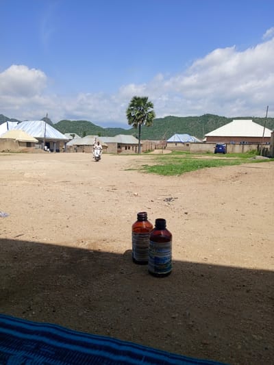 The image captures a sunny day in what appears to be a village in Barakin Babele, Nigeria. In the foreground, two brown glass bottles with labels are placed on the sandy ground, partially shaded by an unseen structure. The ground is dry and dusty, with sparse patches of dry grass and small stones. In the mid-ground, a person rides a white motorcycle. Behind the motorcycle, several buildings with corrugated metal roofs and earth-toned walls are visible. A solitary palm tree stands to the left of the frame. Further in the background, a blue car is parked near a wall. Rolling green hills form the backdrop under a bright blue sky with scattered white clouds.