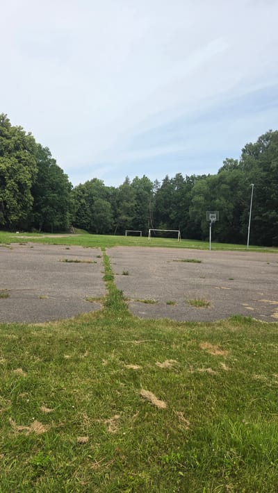The image depicts an outdoor sports area in Saurieši, Latvia. The foreground features a cracked asphalt surface with patches of grass growing through it, indicating a weathered and possibly disused state. The area appears to be a multi-purpose sports ground, with two white soccer goals visible in the mid-ground on a grassy field. To the right of the soccer goals, a basketball hoop and backboard are mounted on a pole, suggesting it could also serve as a basketball court. A tall lamppost stands nearby. The background is dominated by a dense line of lush green trees, forming a natural boundary around the sports area. The sky above is partly cloudy with patches of blue. No people are present in the image.