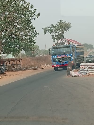 The scene, located in the city of Peyer, Nigeria, captures a roadside environment under a hazy sky. A blue Volvo FL6 heavy-duty truck, labeled 'RAUDA' on its front grille, proceeds on the right side of a two-lane asphalt road, heading towards the observer. The truck's cargo bed carries a large, reddish metal frame structure that extends above the cab. Immediately adjacent to the truck on the road's unpaved shoulder is a stack of white sacks. On the opposing side of the road, beneath a large tree with green foliage, a wooden makeshift stall is present. Within this structure, a single individual is seated, visible as a dark silhouette. A dark SUV is partially visible, parked near the stall on the left. The surrounding environment consists of dry, light-brown vegetation, with additional vehicles discernible further down the road in the distance.