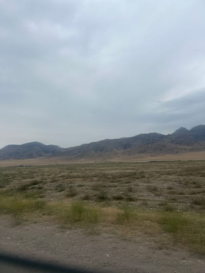 The image depicts a desolate, arid landscape under a cloudy sky. In the foreground, a dirt road or pathway runs horizontally, with dry grass and sparse vegetation dotted across its surface. Beyond the road, a wide, flat expanse stretches towards a range of undulating, barren mountains in the background. The mountains are a muted brown and grey, their slopes appearing rocky and devoid of significant vegetation. The sky is overcast with a uniform layer of grey clouds, suggesting either an impending storm or a generally dim day. The scene conveys a sense of remoteness and a harsh, dry environment. The location is identified as Chim-Korgon, Kyrgyzstan. There are no people or animals visible in the image, nor any structures or signs of human activity beyond the dirt path.