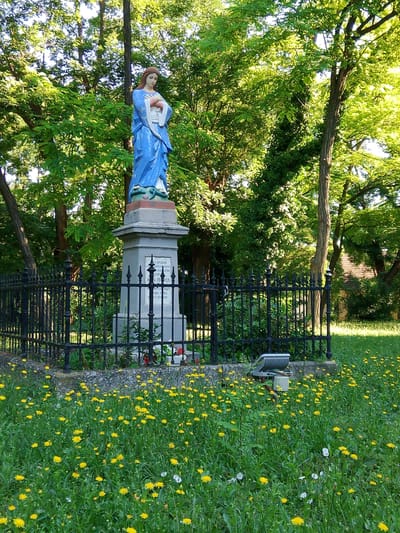 A statue of the Virgin Mary, depicted in a blue robe and holding a child, stands on a stone pedestal in a grassy area filled with yellow wildflowers. The statue is enclosed by a black wrought-iron fence. Behind the statue, a dense grove of green trees provides a backdrop, with sunlight filtering through the leaves. To the right, a portion of a building with a red roof is visible. In front of the pedestal, near the fence, are a few red flowers and a small white cross. A security light fixture is also visible near the base of the pedestal, to the left of the fence. The scene appears to be set outdoors during the daytime, under pleasant weather conditions, likely in a park or cemetery. The inscription on the pedestal is partially visible, though not fully legible. The overall mood is serene and contemplative. The location is identified as Backa Topola Municipality, Serbia.