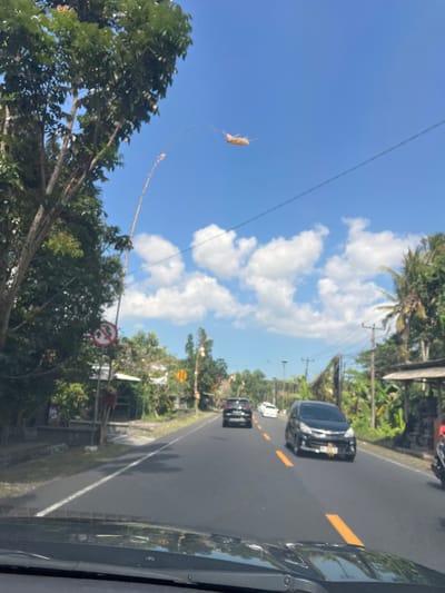 The image shows a view from a car driving on a road in Selemadeg, Indonesia. The sky is blue with scattered white clouds. On the left side of the road, there is a large tree and a "no parking" sign. Further down the road, there are several cars and some buildings on the right side. There are also power lines visible across the sky. In the upper right portion of the image, a kite is visible in the sky, suspended from a pole with a curved design.