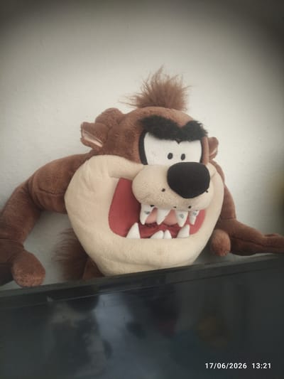 This media file is a close-up shot of a stuffed toy, specifically a depiction of the Tasmanian Devil cartoon character. The toy is predominantly brown and tan with black accents for its eyes and nose. Its mouth is open, revealing white, pointed teeth and a red interior. The stuffed animal appears to be placed against a white wall, with a dark, reflective surface visible to the right of the toy, potentially a screen or piece of furniture. The lighting is somewhat dim, creating a soft glow and some shadows. A timestamp is visible in the top right corner of the image, reading "17/06/2026 13:21". The subject is an inanimate object, and no activity or event is taking place. The setting is indoors, with the specific location likely being Gaziosmanpaşa, Turkey, as per the provided context.