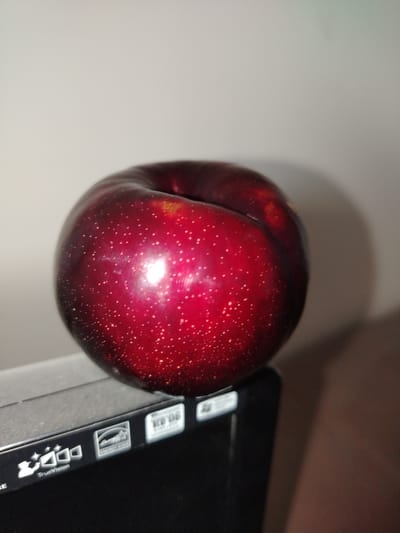 A single, dark red plum rests on the edge of a black electronic device, possibly a monitor or television. The plum has a shiny, smooth skin with small, light-colored speckles. The device has visible logos, including "TrueVision" and "ENERGY STAR," and appears to be set against a plain, light-colored wall. The lighting suggests an indoor setting. The image is a close-up, focusing on the plum and the top edge of the electronic device.