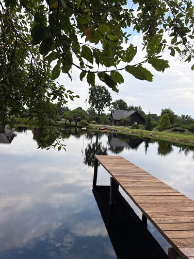 The image depicts a serene waterside scene with a wooden pier extending into a calm lake. The pier, made of weathered wooden planks, is positioned in the foreground, leading the viewer's eye towards the center of the frame. The water's surface is a dark, reflective mirror, capturing the muted tones of the overcast sky and the surrounding foliage. 

In the background, across the lake, is a dark-colored wooden house with a pitched roof, nestled amongst lush green trees. A flagstaff with a flag is visible to the left of the house. The landscape is characteristic of a rural area in Plānupe, Latvia, with a mix of mature trees and manicured greenery. The overall atmosphere is peaceful and tranquil, suggesting a private residence or a recreational area.