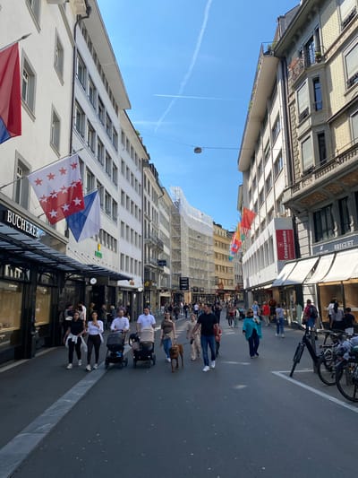 This image depicts a street in Lucerne, Switzerland, lined with buildings, shops, and people. The buildings are predominantly white with multiple windows. Various flags are displayed, some with red and white stars, and others with blue and white patterns.

Many people are walking along the street, some accompanied by dogs. Some individuals are pushing strollers. On the right side of the street, bicycles are parked. Shopfronts are visible, including one labeled "BUCHERER." Scaffolding covers a building further down the street. The sky is blue with a few contrails from an airplane.