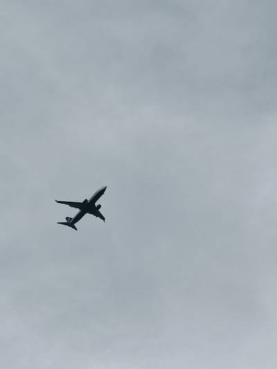 A single, dark silhouette of a passenger airplane is visible against a uniformly overcast, pale gray sky. The aircraft is angled slightly upward, its wings extended and engines visible beneath them. The plane is in motion, appearing to be in flight. There are no visible landmarks or contextual details in the image that would indicate its specific location within or around Nowy Dwór Mazowiecki, Poland, other than the sky itself.