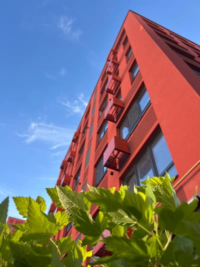 The image shows a low-angle view of a modern, red-colored building with a latticed exterior, observed from below against a bright blue sky with wispy white clouds. The building's design features repeating horizontal and vertical elements, creating a rhythmic pattern of shadows and light. Some sections of the building reveal large windows, reflecting the sky.
In the foreground, a cluster of vibrant green leaves from a plant drapes into the frame, partially obscuring the building. The leaves are detailed, showing their veins and texture, and are illuminated by sunlight, creating a contrast with the stark red of the building.
The scene appears to be set outdoors on a clear, sunny day, likely during daylight hours. The upward perspective suggests the viewer is standing at the base of the building and looking up. The presence of the foliage implies an urban or semi-urban setting where greenery is incorporated into the landscape or architectural design. No people are visible in the frame. There is no visible text in the image. The location context is Kaluga, Russia.