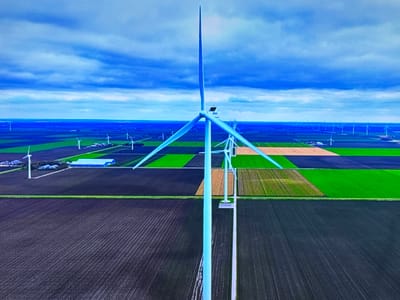 This is an aerial drone photograph taken in Gorzów Wielkopolski, Poland, depicting a vast agricultural landscape dotted with wind turbines. The foreground is dominated by a large wind turbine, its pale blue blades and tower sharply defined against the sky. The turbine is positioned on a square concrete base. Beyond this, the landscape unfolds into a patchwork of fields in various states of cultivation. Dark, tilled soil fields are interspersed with vibrant green fields, suggesting different crops or stages of growth. Further in the distance, rows of additional wind turbines stretch across the horizon, forming a regular pattern against the blue sky. The sky itself is a dramatic expanse of dark, heavy clouds with lighter patches, creating a sense of brooding weather. In the mid-ground, several farm buildings, including a long, blue-roofed structure, are visible nestled amongst the fields. The overall impression is one of a modern energy farm integrated into a traditional agricultural setting under a dynamic sky.