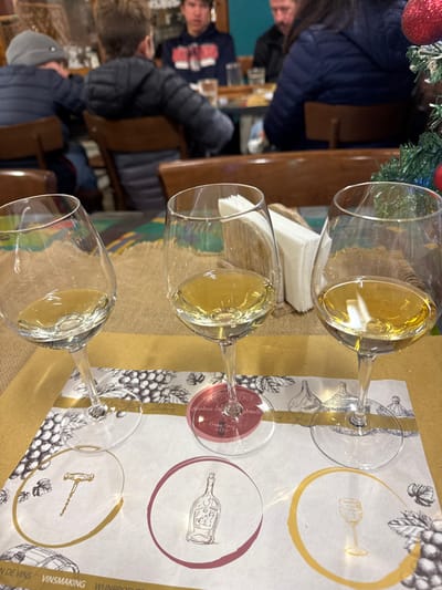 Three wine glasses sit on a table covered with a decorative paper. The glasses contain varying amounts of light-colored liquid, likely white wine. Each glass is positioned over a design on the paper: a sketched wine glass, a sketched wine bottle, and a sketched corkscrew within colored circles. A stack of napkins is visible behind the glasses. People are seated at the table, engaged in conversation. A Christmas decoration is partially visible in the upper left corner.