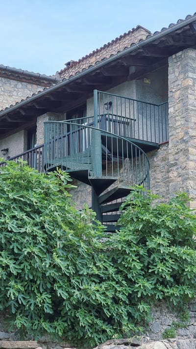 The image shows an outdoor scene dominated by a stone building and lush green foliage. A dark green metal spiral staircase curves around the side of the building, providing access to an upper level. The staircase has metal railings and treads with a diamond plate pattern. The building itself is constructed of rough-hewn stone blocks, with a dark-tiled roofline visible in the upper left and lower left portions of the image. The foliage, possibly from a fig tree, is dense and leafy, partially obscuring the building and the staircase, and extends into the right side of the frame.
The scene appears to be set during the daytime, with bright natural light casting shadows. The sky is clear and blue. There are no people visible in the image. The overall impression is one of a rustic and somewhat overgrown environment, possibly in a Mediterranean setting given the stone architecture and vegetation. No visible text is present in the image. The location context suggests this scene is from Montagut i Oix, Spain.