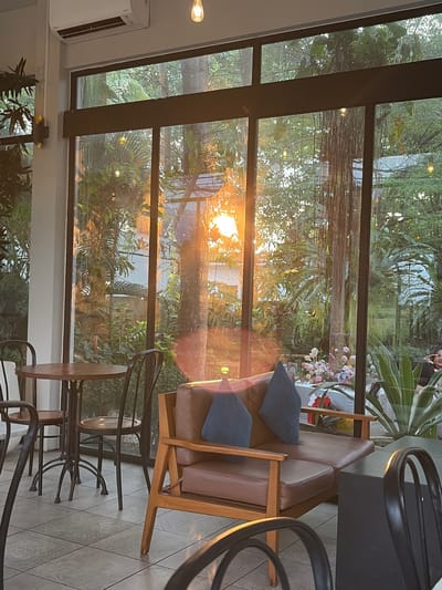 This media file captures a serene interior scene viewed through a large window, with lush greenery and the warm glow of sunset visible outside. The setting appears to be a cafe or restaurant in Banjar, Indonesia, as indicated by the tropical foliage and the time of day.

Inside, a comfortable brown leather sofa with two blue cushions is the main object of interest. Next to it, a wooden chair with a curved back is positioned. Several dark metal chairs and a small round table with a glass top are also visible, suggesting a dining or seating area. To the left, a white air conditioning unit is mounted on the wall, and a light bulb hangs from the ceiling. The floor is tiled with a diamond pattern.

The window frames the outdoor scenery, where sunlight streams through dense trees and hanging vines, casting a golden hue. The sun is low on the horizon, indicating it is late afternoon or early evening. The foliage suggests a tropical climate, consistent with the specified location. A few small pink and white flowers are visible among the plants, adding a touch of color. In the background, through the glass, a person can be seen in profile, appearing to be eating or holding something to their mouth.

The overall mood is peaceful and relaxing, enhanced by the soft, warm light of the sunset. The composition creates a sense of looking out into a tranquil natural environment from a comfortable indoor space. There is no visible text in the media file.