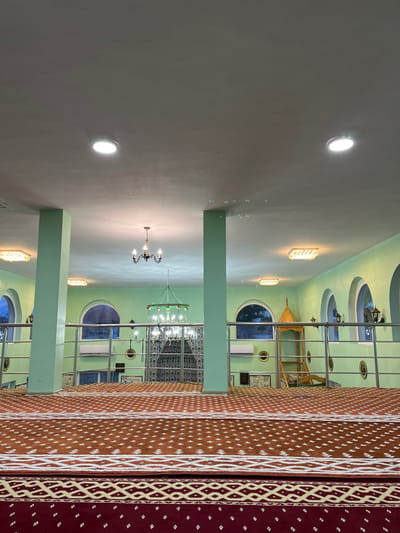 An interior view captures a prayer hall within a mosque in Sredkovets, Bulgaria. The perspective is from a slightly elevated position, looking towards the far wall of the main prayer area. The floor in the foreground is covered by patterned carpets: a dark red section with white and gold geometric patterns is closest, followed by a reddish-brown carpet with white diamond and stripe patterns extending further into the room.

Two prominent, light green rectangular pillars rise from the carpeted floor to the white ceiling, framing the view. A silver-colored metal railing runs horizontally between these pillars, demarcating a raised platform from the lower main prayer area.

The walls of the mosque are painted a light mint green. The white ceiling features several circular recessed light fixtures. Two chandeliers are visible: a smaller, black, traditional-style chandelier with several candle-like lights hangs in the mid-distance, and a larger, circular chandelier with green light elements and decorative clear droplets hangs further back, illuminating a mihrab on the far wall, which displays intricate dark blue and white tile work. Additional rectangular wall-mounted light fixtures with golden accents are present along the side walls.

The lower section of the prayer hall features several arched windows along the far wall, revealing glimpses of a residential or urban environment outside. Below these windows, white wall-mounted air conditioning units are visible. To the right, a light-colored wooden minbar or pulpit with a pointed golden top is situated. Various framed items or plaques adorn the walls. No individuals are present in the scene. A scattering of small, translucent spheres, possibly bubbles, are faintly visible in the upper right quadrant and near the left pillar.