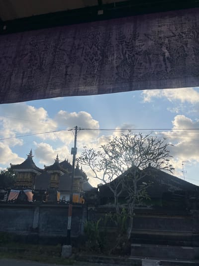 An outdoor, eye-level shot shows a view of a temple in Mendoyo, Indonesia, partially obscured by a dark purple, patterned fabric hanging in the foreground. The sky is blue with scattered white clouds and the sun is shining. In the mid-ground, a traditional Balinese temple structure with dark, tiered roofs and ornate gold embellishments is visible. A stone wall with decorative carvings surrounds the temple complex. A bare-branched tree with a few green leaves stands in front of the temple. Power lines and a utility pole are also present. The lower part of the image shows a dark, grassy area and a street.