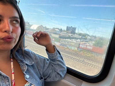 A female subject is partially depicted on the left side of the frame, from the chin to the upper chest, positioned inside a train compartment. She possesses dark hair, a light to medium complexion with visible cheek blush, and her lips are slightly puckered. Her visible right eye is directed towards the upper right, out a train window. She wears a light blue denim jacket over a colorful, patterned top, with a light blue decorative button visible on the jacket's inner lapel. Her left hand is raised, fingers slightly curled, near the window frame.
The image is captured through a train window, partially obscured by grime and scratches, including a star-like pattern in the upper right. Outside, a clear blue sky with faint contrails is visible. Below the sky, an industrial landscape unfolds, commencing with multiple parallel railroad tracks on a gravel bed. Adjacent to the tracks are two rows of stacked shipping containers, displaying colors such as green and orange, with visible graffiti. Behind these containers, a large open area is filled with numerous parked vehicles, suggesting a storage or salvage yard. Further back, two large arched-roof industrial structures are visible, and in the distant background, a prominent dark, multi-story industrial building, consistent with the Newark Generating Station, stands against the horizon. The scene is located within a rail yard and industrial complex in Newark, United States, likely viewed from a train traversing the Northeast Corridor towards the Port Newark area. A perforated vent is visible on the train's interior wall beneath the window.