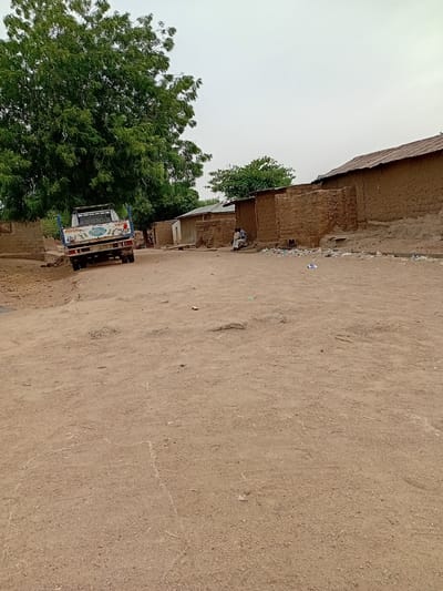 The image depicts a dusty street in Nata-Ala, Nigeria. A mud-brick building stands along one side of the street, with a corrugated metal roof. A large tree provides shade. An old, small truck is parked near the tree. Two individuals are visible near the building, appearing to be interacting. The street is unpaved and sandy. The sky is overcast.