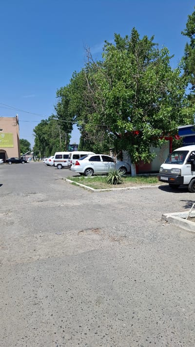 The image depicts an outdoor scene on a sunny day, likely in the city of Kuvasay, Uzbekistan. In the foreground, a paved road surface with visible wear and patches of repair is present. Several white vehicles, including vans and a sedan, are parked on the side of the road. One of the vans, a white Daewoo Damas, is particularly visible in the right portion of the frame, displaying a license plate that reads "02 D132HA". To the left, a building with a sign that reads "UrDon" and phone numbers is visible. Mature trees with green foliage are scattered throughout the scene, providing shade. In the background, more trees and buildings are discernible under a clear blue sky. The overall impression is a typical street scene with parked vehicles and some commercial activity. There are no people clearly visible in the image.