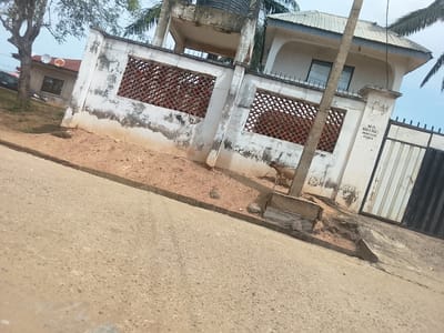 The image depicts a street scene with a white, weathered building and a large metal gate. The building has a corrugated metal roof and ornate windows with red grates. There is a sign on the building that reads "NO 11, BLOCK B PHASE 1, OWORDE ESTATE, FEL ELE". A goat is visible near the gate. The street in the foreground is paved and appears to be in disrepair in some areas. The sky is overcast. The image does not provide any information about the location in the city of Birmingham, United Kingdom.