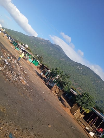 This diagonal image presents a rugged roadside scene in what appears to be a rural or semi-urban area, identified as Namanga, Kenya, with a dominant mountain range in the background.
The most prominent feature is a large, imposing mountain, thickly covered in green vegetation and dotted with rocky outcrops, stretching across the mid-ground and background. Above it, the sky is a brilliant, clear blue with a few fluffy white clouds, indicating bright daylight, likely morning or early afternoon. Utility lines are faintly visible spanning across the sky.
In the foreground, a wide, unpaved dirt or gravel road takes up a significant portion of the frame. This road appears well-used but unmaintained. Along the right side of the road, a series of makeshift market stalls are set up. These stalls vary in construction, with some featuring bright green tarpaulin coverings and others made from corrugated iron sheets and rough wooden or fabric structures, suggesting informal trading activity. Small trees and other greenery grow around these market structures.
On the left side of the road, particularly in the foreground, there is a noticeable accumulation of litter and debris, including plastic bags and various refuse.
One person is clearly visible in the mid-ground on the left side of the road, wearing a bright yellow or lime green reflective vest over dark clothing. Other figures are vaguely discernible near the market stalls further down the road, engaged in various activities.
No clear or legible text is visible anywhere in the image. The scene conveys a sense of daily life and commerce set against a dramatic natural backdrop, characteristic of a roadside settlement at the foot of a mountain.