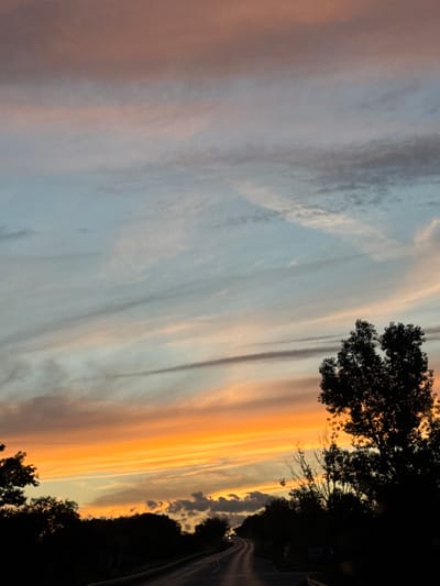 The image depicts a scenic view of a sunset over Zvegor, Bulgaria. The sky is painted with a gradient of colors, transitioning from a soft pink and orange near the horizon to a pale blue higher up. Wispy clouds are scattered across the sky, some catching the last rays of sunlight. Silhouetted against this vibrant sky is a line of trees and foliage that forms the horizon. In the foreground, a dark, winding road leads towards the vanishing point, suggesting a journey or a passage through the landscape. The overall impression is one of a serene and tranquil evening in a rural setting.