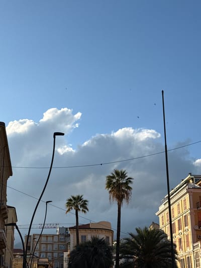 The image captures a street scene in Sanremo, Italy, viewed from a low angle looking up. Buildings with ornate facades are visible, including one with numerous windows and a yellow-tan color scheme, as well as several palm trees. Overhead are utility poles and wires crisscrossing the sky. The sky is divided into clear blue patches and large, puffy white clouds that suggest either an approaching storm or the aftermath of one. There are small birds scattered across the sky. The overall impression is of a sunny day with the potential for a change in weather.