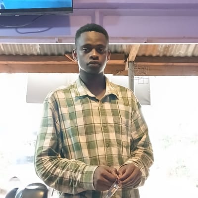 The image captures a young man from the waist up, presented in a portrait orientation but appears to be rotated 90 degrees counter-clockwise, making the subject's head face towards the left side of the frame. The man has dark skin, short dark hair, and is looking directly at the viewer with a neutral expression. He is wearing a long-sleeved button-up shirt with a green and light-colored plaid pattern. His hands are visible in the right portion of the frame, holding a small, cylindrical, clear object, possibly a pen, a small tube, or a vaping device.
The background suggests an indoor setting. To the left of the man, there is a wall section that appears to be a light purple or lavender color. Behind him, there's a structure that looks like corrugated metal or a similar textured panel, positioned vertically, with a horizontal wooden beam running across it. Further back and to the right, there's a bright, overexposed area, possibly a window letting in bright daylight. A small, intricate metal object, resembling a miniature architectural model or a decorative cage, is visible on a surface behind his right shoulder. On the far left, a portion of what appears to be a television screen is visible, displaying blue and white colors. The lighting is bright, particularly from the right side of the frame, causing some highlights and potential overexposure in the background. No discernible text is visible in the image.