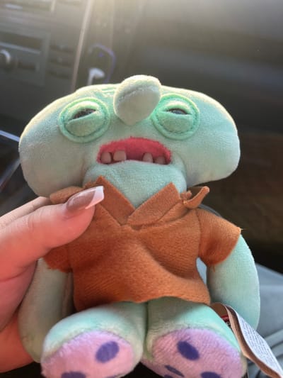 A mint-green plush toy, resembling an exaggerated version of Squidward Tentacles, is held in a person's left hand within what appears to be the interior of a vehicle. The plush toy features a large head with narrow, dark eyes, a small, bulbous nose, and an open red mouth displaying four small, irregular light-brown teeth. It wears an orange-brown V-neck shirt. Its lower appendages, visible at the bottom, are mint-green with light-pinkish-purple ends adorned with dark purple spots. A white product tag with black text is visible on the toy's right side. The hand holding the toy displays a French-manicured thumbnail with a white tip over a nude-colored base. The background is out-of-focus, showing vehicle interior elements such as a dashboard or console with circular controls in the upper left. Bright sunlight streams into the vehicle from the upper right, creating a lens flare effect. There is no visual information within the image to support a specific geographical location such as Ichera, Bulgaria.