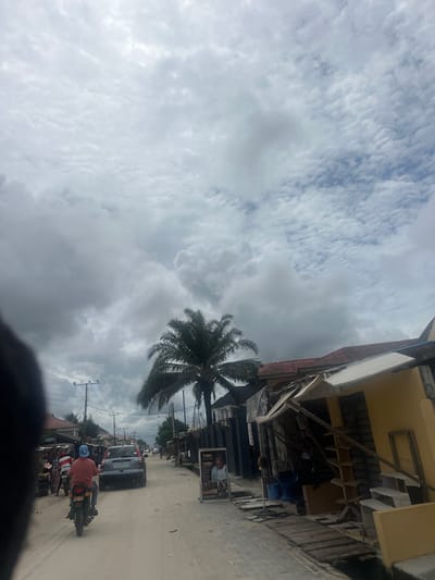 An overcast sky with dramatic, billowy clouds dominates the upper portion of the image, casting a diffused light on the scene below. The viewpoint is from the perspective of someone on a motorcycle, looking down a dirt road in what appears to be a bustling urban or semi-urban environment in Nigeria.
On the left side of the road, there are several market stalls or shops with people gathered around them. A motorcyclist in a red shirt and blue hat is in the foreground, riding away from the camera. Behind them, a silver SUV is also traveling down the road.
On the right side of the road, buildings are visible, some appearing to be shops or homes with corrugated metal roofs. One building with a yellow facade has an open structure with wooden shelves. A large poster advertising "Brown Family Beauty Salon" is propped up near the edge of the road.
A tall palm tree stands out against the sky, its fronds reaching upwards. Telephone poles and wires are strung along the side of the road, indicating the presence of infrastructure. The road itself is unpaved, with dust and debris scattered along its surface. The overall impression is of a lively, lived-in street scene under a heavy sky.