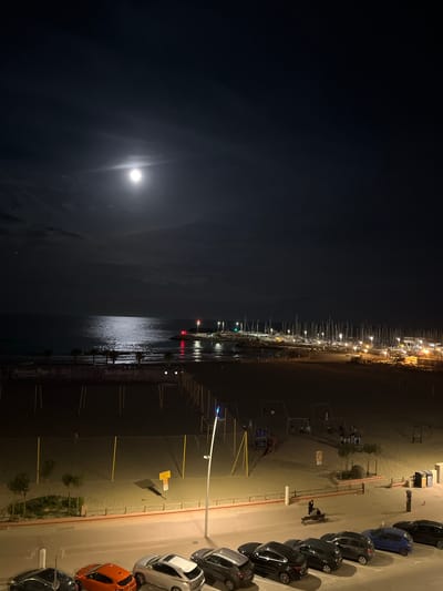 The image depicts a night scene in Palavas-les-Flots, France. The moon is visible over the water, casting a reflection. A marina with numerous boats stretches along the coastline, illuminated by artificial lights. A beach runs adjacent to the marina. A row of parked cars lines the edge of the beach, with a playground visible further inland. A street lamp illuminates a beach volleyball court. Two figures can be seen sitting on a bench.