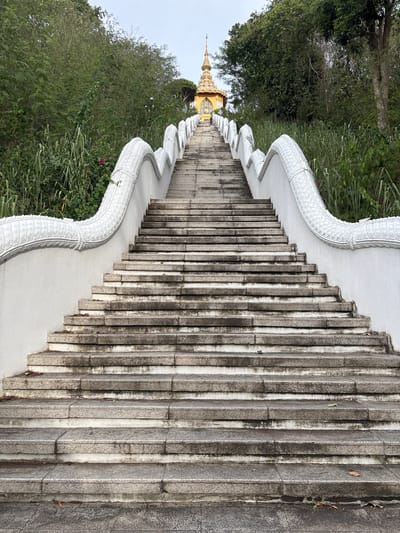 A wide, long stone staircase ascends a hill towards a golden temple structure topped with a spire, partially obscured by trees. The staircase is bordered by white, sculpted balustrades resembling dragon scales. Lush green vegetation, including tall grasses and trees, grows on either side of the staircase and envelops the temple at the top. The stone steps appear worn and weathered, with some debris, such as fallen leaves, scattered on them. The sky above is overcast. The scene is set in the vicinity of Map Phra Khunthong, Thailand.