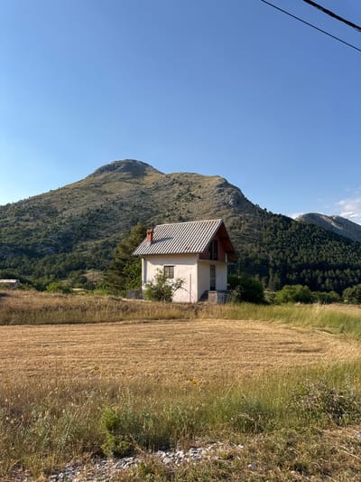 This is a vertical, eye-level, outdoor, full-shot photograph taken in Kopito, Montenegro. The scene depicts a small, two-story, white house with a red-tiled roof situated in a rural landscape under a clear blue sky. The house is located in the foreground, to the right of center. A dry, golden field of cut wheat or grass stretches out in front of the house, with taller, greener grass and some wildflowers growing along the bottom edge of the frame. Behind the house, a dense forest of dark green pine trees covers a hillside. Further in the background, a large, rocky mountain dominates the landscape, its peaks illuminated by sunlight. There are power lines visible in the upper right corner of the image, crossing diagonally against the sky. No people are present in the image. The overall atmosphere is peaceful and serene, with the natural elements of mountains, forest, and fields taking center stage.