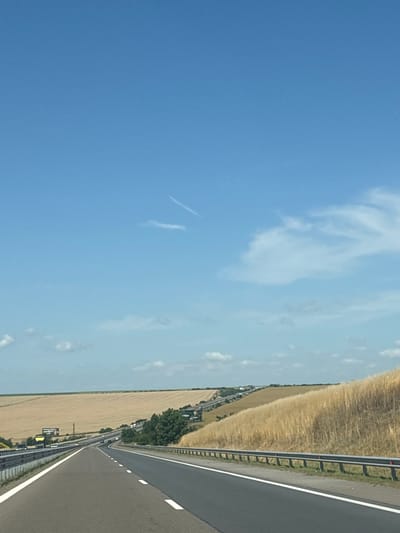 The image depicts a highway in a rural setting. The scene is dominated by a vast blue sky with scattered white clouds, suggesting fair weather and daytime. To the right of the highway, a field of dry, golden crops, likely wheat or barley, stretches towards the horizon. A guardrail separates the road from the field. The highway itself is paved and has white lane markings. In the distance, a line of trees can be seen, and a few vehicles are visible on the road, suggesting ongoing traffic. The overall impression is of a journey through a sunny, agricultural landscape. The image is oriented vertically, suggesting it was taken from a moving vehicle. There is no visible text in the image.