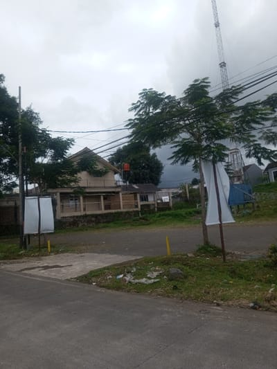 The image depicts an overcast outdoor scene in the city of Sarwahi Mal., India. A grey asphalt road occupies the foreground, curving to meet a lighter concrete patch on the left. No individuals are present. On the far left, a dark utility pole supports multiple overhead electrical wires. Adjacent to it, the back of a white rectangular sign mounted on a pole is visible. Centrally, a two-story, light-toned building with a brown gable roof and a second-story balcony is visible, with a stone retaining wall and fencing at its base, partially obscured by green trees. To the right, a small tree with green foliage bears a draped white fabric. Behind this tree, a tall, metallic lattice communication tower rises prominently into the cloudy sky. Partial views of additional residential structures, one with a blue section, are visible in the right background. Numerous dark power lines crisscross the upper portion of the frame. The grassy roadside in the mid-ground contains scattered debris and two short yellow marker posts.