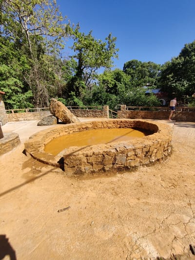 This image shows a natural hot spring in a rural area. The spring is a circular pool with a stone wall around it, filled with murky, yellow-brown water. The ground around the pool is a mixture of dirt and sand. In the background, there are trees and a clear blue sky. A person is standing near the pool, looking at their phone. The scene is peaceful and relaxing, suggesting a place where people can enjoy the benefits of nature. This appears to be a natural hot spring located in the Municipal Unit of Evryménon, Greece.