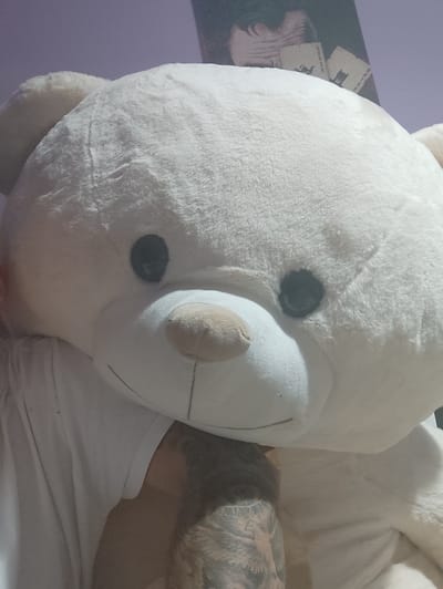 A close-up, selfie-style photograph shows a person holding a very large, white, plush teddy bear. The teddy bear dominates the frame, with its head and a portion of its body filling most of the image. The bear has black plastic eyes and a light brown, stitched nose and mouth. The person is wearing a white t-shirt and has a tattooed arm visible, resting on the bear. In the background, a wall with a purple hue is visible, and a framed picture hangs on it, depicting what appears to be a character with cards. The scene is indoors, possibly a bedroom. The image quality is moderate, with some visible noise and soft focus, especially in the background. The overall impression is casual and intimate. This scene does not provide enough information to determine its specific location in Krushev Dol, Bulgaria.
