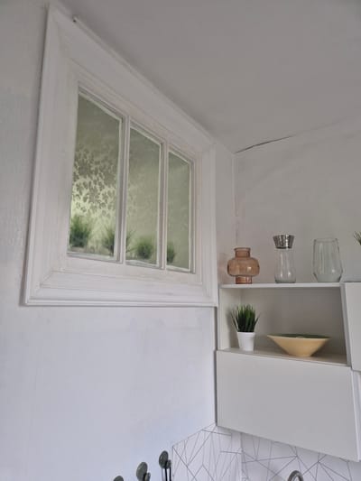 This media file shows an interior scene, likely a home or office, oriented upside down. The setting is clean and minimalist, with white walls and a white built-in shelving unit. The shelving unit holds decorative items, including glass jars, a coral-colored glass vase, and two small artificial plants. A light-colored bowl or dish is also visible on one of the shelves.

In the foreground, there is a white-framed window with frosted glass. The frosted glass has a subtle floral pattern. Through the window, blurred greenery and hints of what might be another room or outdoor space are visible.

To the right of the shelving unit, a wall with a geometric pattern in black and white is visible, and a portion of a shower head or faucet with decorative green stone handles is also present. The overall impression is one of a modern and tidy space. There is no visible text in the image. The time of day and weather are not discernible.