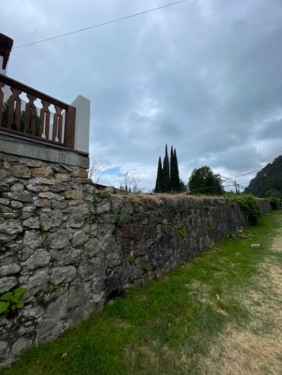The image depicts an outdoor scene with a stone wall forming a prominent boundary. The wall is constructed from irregular, weathered stones of varying shades of grey and brown, with some patches of green moss and vegetation growing on its surface. To the right of the wall, a well-maintained grassy area slopes upwards, with some dry, yellowed patches mixed in with the vibrant green.
Beyond the stone wall, several tall, slender cypress trees stand out against a cloudy sky. In the background, a tree-covered hillside is visible, suggesting a mountainous or hilly terrain. Power lines are also present, stretching across the sky.
In the foreground, on the left side of the image, a section of a wooden railing and a white-capped structure are visible, indicating the presence of a building or balcony. The wooden railing has an intricate, decorative pattern.
The weather appears overcast, with a thick layer of grey clouds covering the sky, suggesting it might be a cloudy day or approaching rain. The time of day is not clearly discernible due to the diffused light. The location context provided is Abaata, Abkhazia. There is no text visible in the image. The overall mood is one of a somewhat natural, possibly rural or semi-rural setting with hints of human habitation.