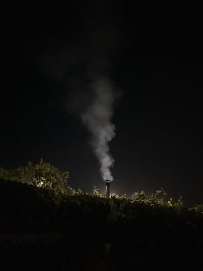 The image, taken at night in Preobragenskaya, Russia, depicts a single chimney emitting a plume of white smoke against a dark sky. The chimney, a metallic cylindrical structure, stands above a dense line of dark foliage, possibly trees or bushes, that form the lower part of the frame. Some of the foliage is illuminated from behind, suggesting a light source beyond the immediate foreground. The smoke rises and dissipates into the darkness, creating a wispy, ethereal effect. The overall scene is somber and quiet, with no human presence visible.